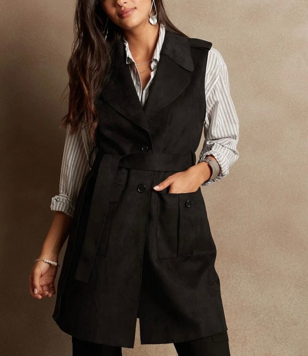 Banana Republic Faux Suede Exaggerated Collar Vest Gillet Black Size XLP